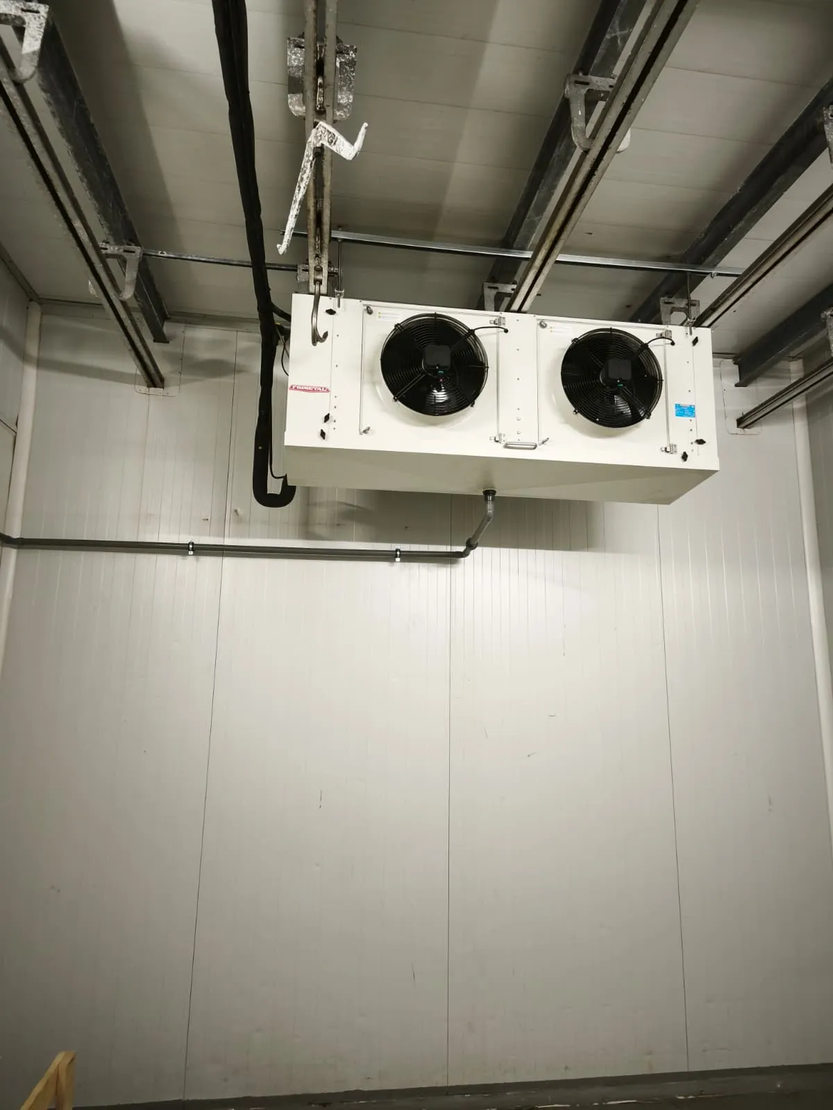 Evaporador de dos ventiladores en una cámara frigorífica con rieles de colgado